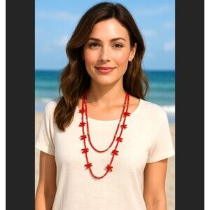 J. Jill Beaded Layered Necklace Coral Red Silver Gold Tone Adjustable Statement
